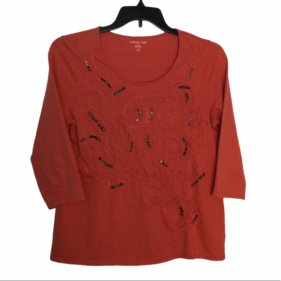 Coldwater Creek M Medium 8 - 10 Shirt Top 3/4 Sleeve Spice Leaf Black Crew NWOT - Picture 2 of 6